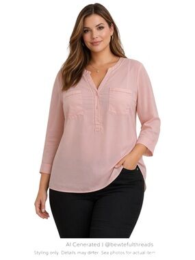 Blush Pink Sheer Feminine Office Chic V-Neck Pocket Blouse XL